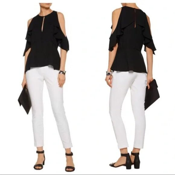 Theory Black Desiraya B Classic Ruffled Silk Blouse Size L - Picture 2 of 7